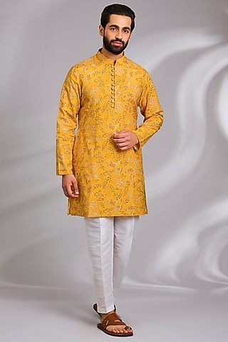 Mustard Cotton Silk Printed & Resham Embroidered Kurta Set by RNG Safawala Men