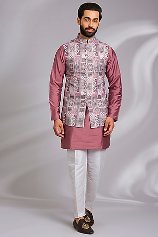 Grey Linen Silk Tribal Printed Kurta Set by RNG Safawala Men