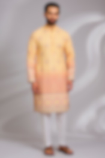 Yellow Cotton Silk Printed & Chikankari Embroidered Kurta Set by RNG Safawala Men at Pernia's Pop Up Shop