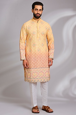 Yellow Cotton Silk Printed & Chikankari Embroidered Kurta Set by RNG Safawala Men