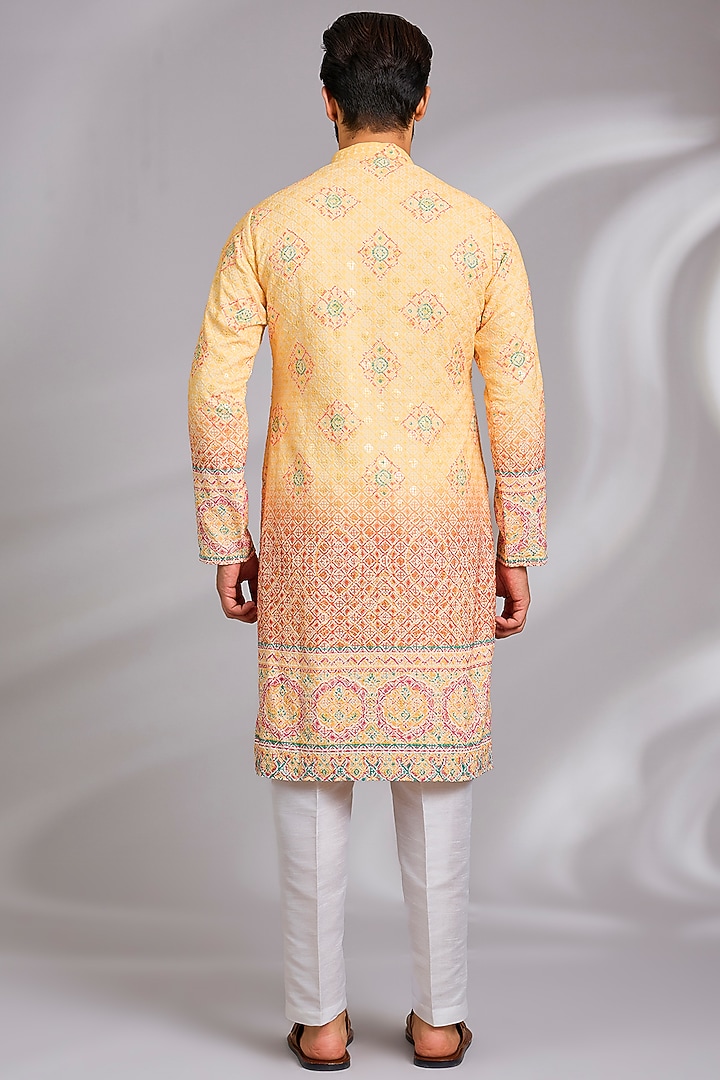 Yellow Cotton Silk Printed & Chikankari Embroidered Kurta Set by RNG Safawala Men at Pernia's Pop Up Shop
