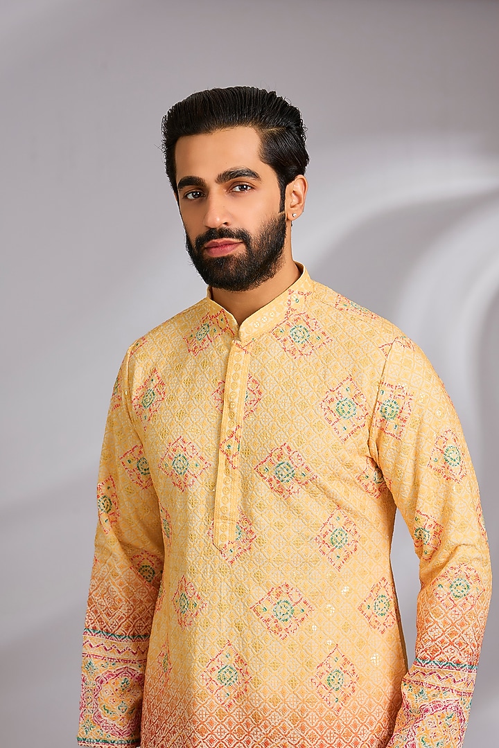 Yellow Cotton Silk Printed & Chikankari Embroidered Kurta Set by RNG Safawala Men at Pernia's Pop Up Shop