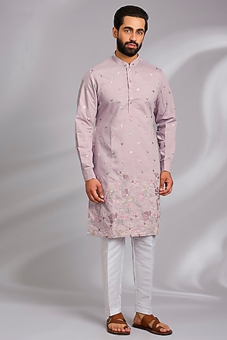 Lavender Cotton Silk Thread Embroidered Kurta Set by RNG Safawala Men