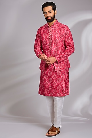 Red Cotton Silk Resham Embroidered Bundi Jacket Set by RNG Safawala Men