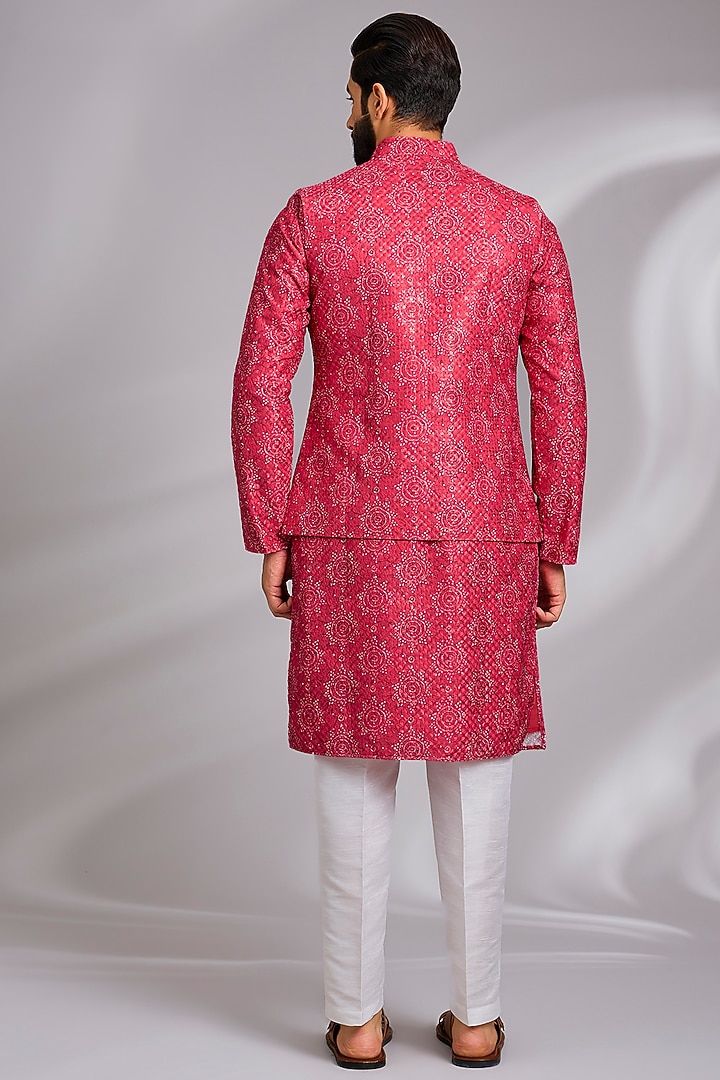 Red Cotton Silk Resham Embroidered Bundi Jacket Set by RNG Safawala Men at Pernia's Pop Up Shop