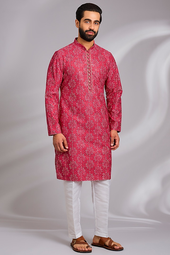 Red Cotton Silk Resham Embroidered Bundi Jacket Set by RNG Safawala Men at Pernia's Pop Up Shop
