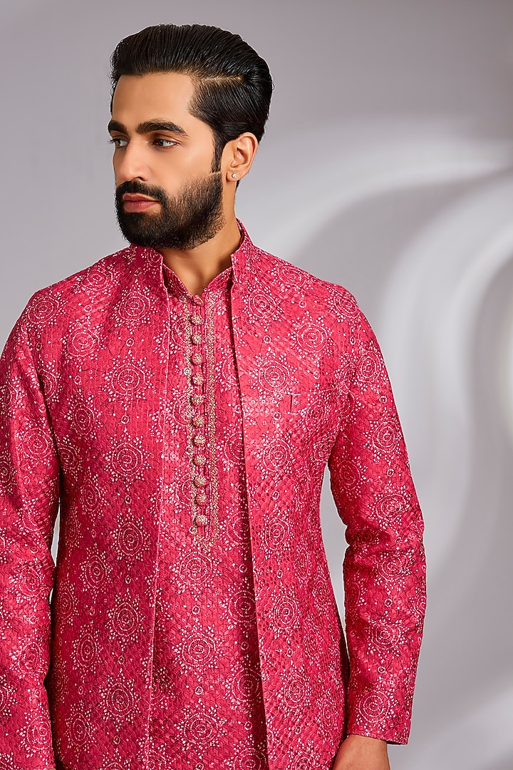 Red Cotton Silk Resham Embroidered Bundi Jacket Set by RNG Safawala Men at Pernia's Pop Up Shop