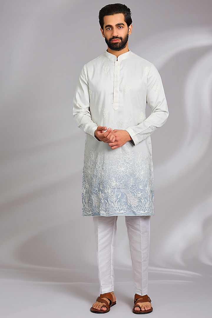 White & Blue Cotton Silk Thread Embroidered Kurta Set by RNG Safawala Men at Pernia's Pop Up Shop
