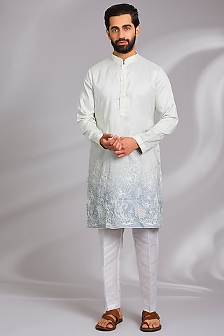 White & Blue Cotton Silk Thread Embroidered Kurta Set by RNG Safawala Men