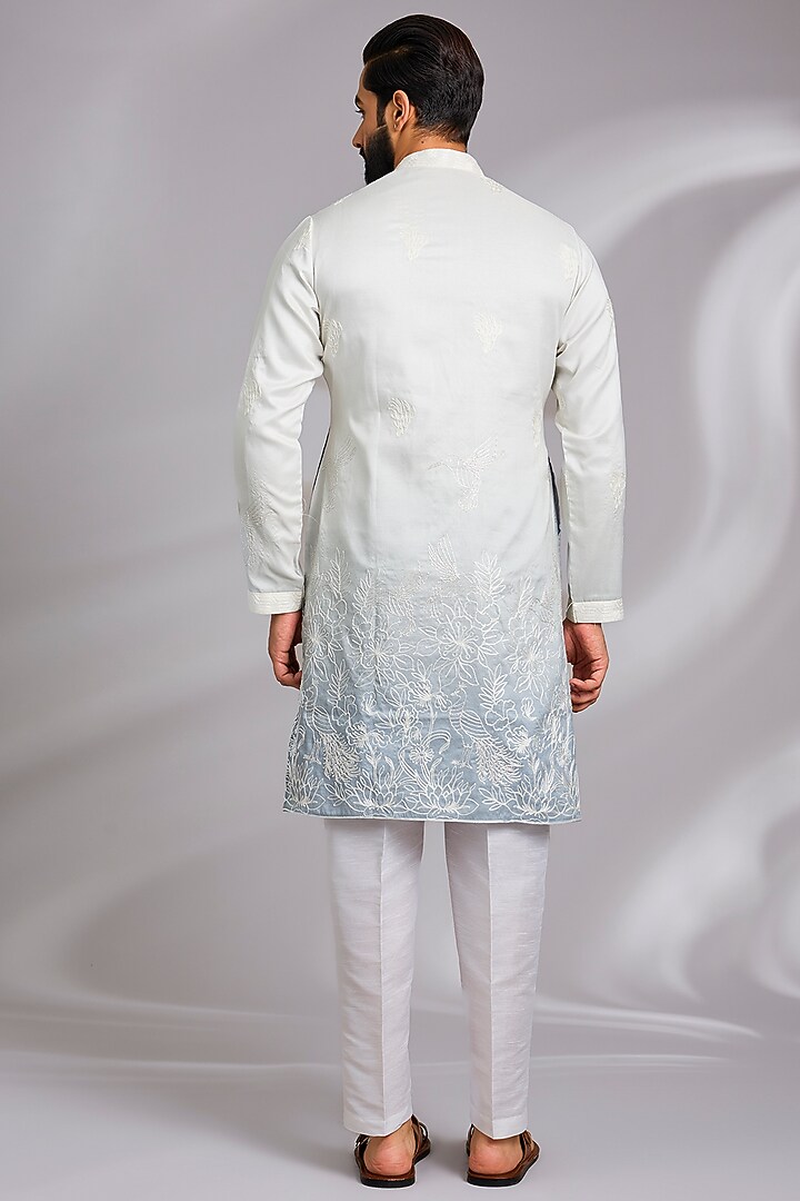 White & Blue Cotton Silk Thread Embroidered Kurta Set by RNG Safawala Men at Pernia's Pop Up Shop