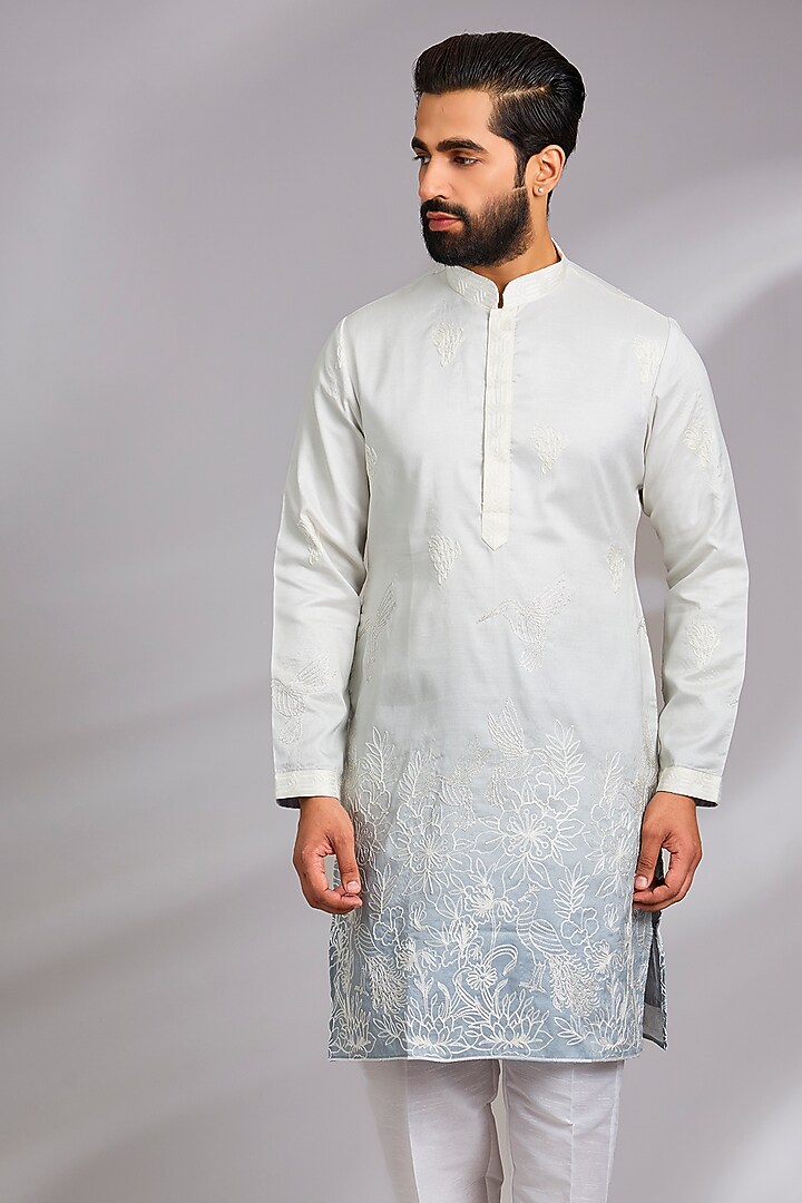 White & Blue Cotton Silk Thread Embroidered Kurta Set by RNG Safawala Men at Pernia's Pop Up Shop