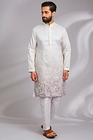 White & Pink Cotton Silk Thread Embroidered Kurta Set by RNG Safawala Men
