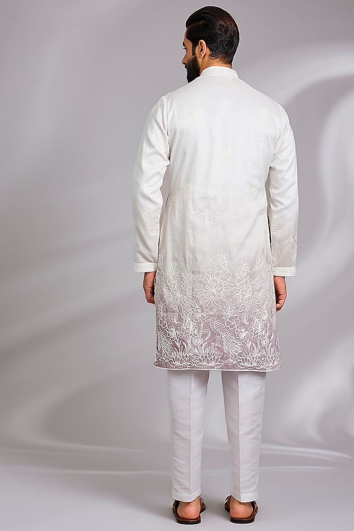 White & Pink Cotton Silk Thread Embroidered Kurta Set by RNG Safawala Men at Pernia's Pop Up Shop