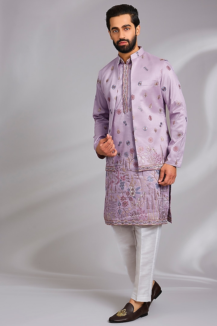 Purple Cotton Silk Thread Embroidered Open Jacket Set by RNG Safawala Men at Pernia's Pop Up Shop