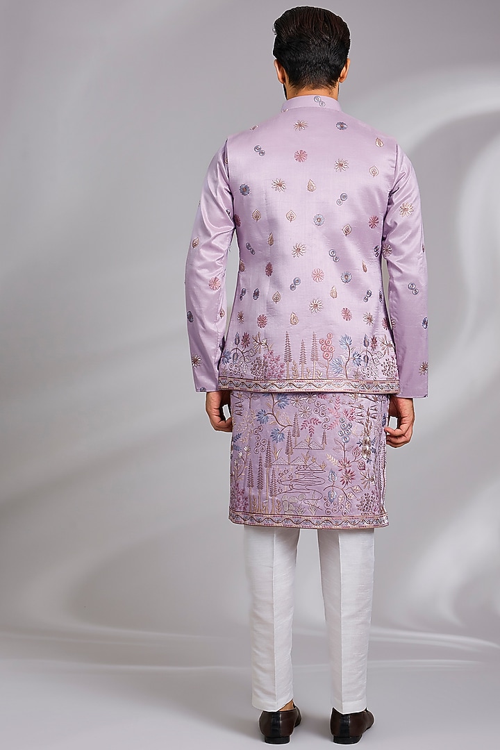 Purple Cotton Silk Thread Embroidered Open Jacket Set by RNG Safawala Men at Pernia's Pop Up Shop