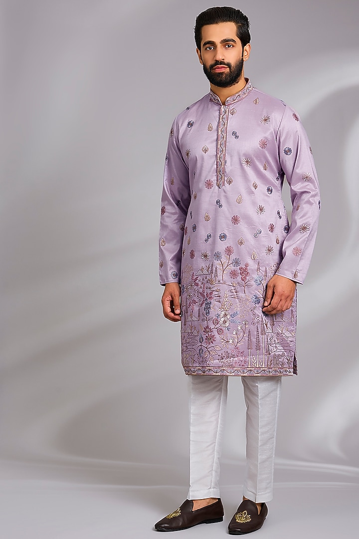 Purple Cotton Silk Thread Embroidered Open Jacket Set by RNG Safawala Men at Pernia's Pop Up Shop