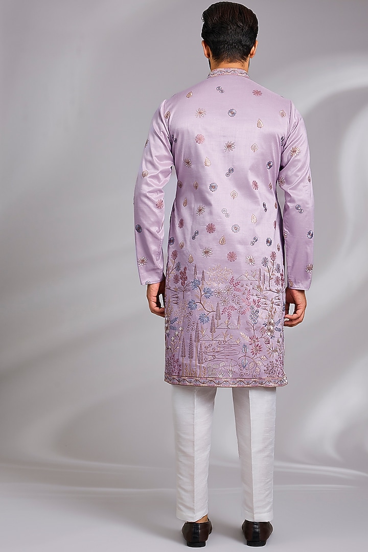 Purple Cotton Silk Thread Embroidered Open Jacket Set by RNG Safawala Men at Pernia's Pop Up Shop