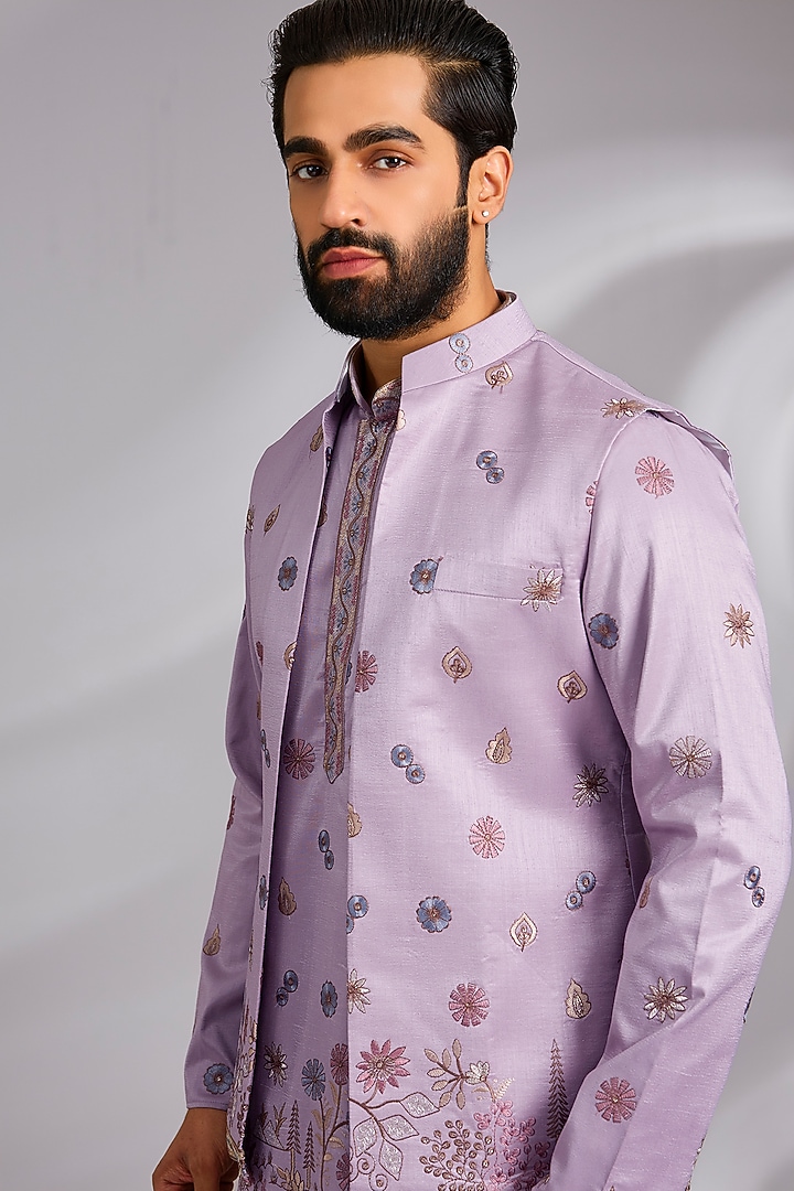 Purple Cotton Silk Thread Embroidered Open Jacket Set by RNG Safawala Men at Pernia's Pop Up Shop