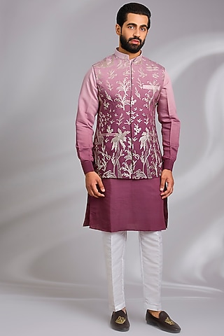 Pink Ombre Raw Silk Thread Embroidered Bundi Jacket Set by RNG Safawala Men