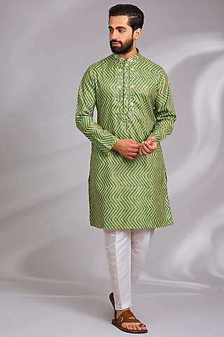 Green Georgette Mirror Embroidered Kurta Set by RNG Safawala Men