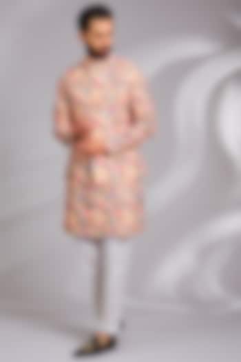 Peach Cotton Silk Abstract Printed Bundi Jacket Set by RNG Safawala Men at Pernia's Pop Up Shop