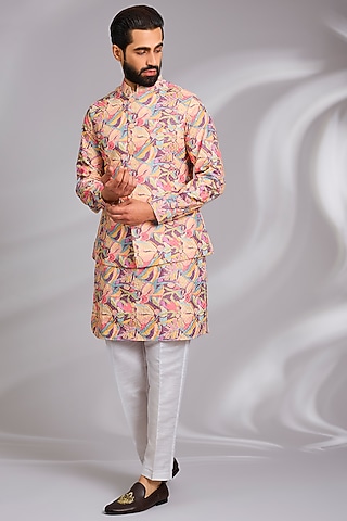 Peach Cotton Silk Abstract Printed Bundi Jacket Set by RNG Safawala Men