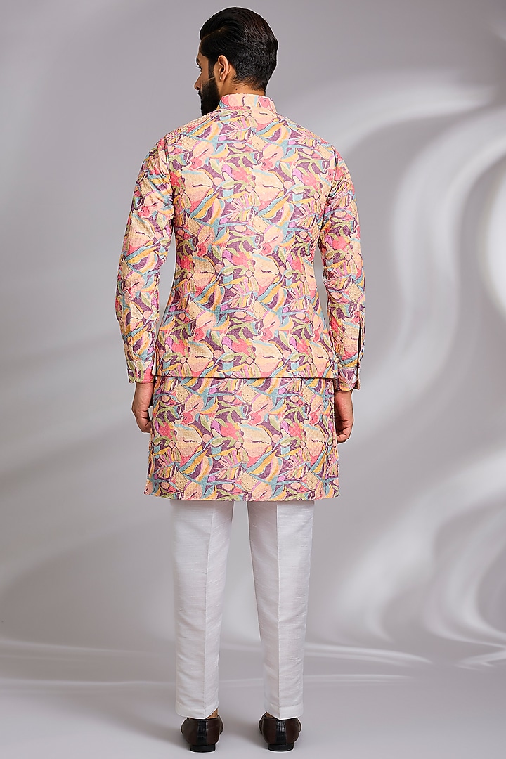 Peach Cotton Silk Abstract Printed Bundi Jacket Set by RNG Safawala Men at Pernia's Pop Up Shop