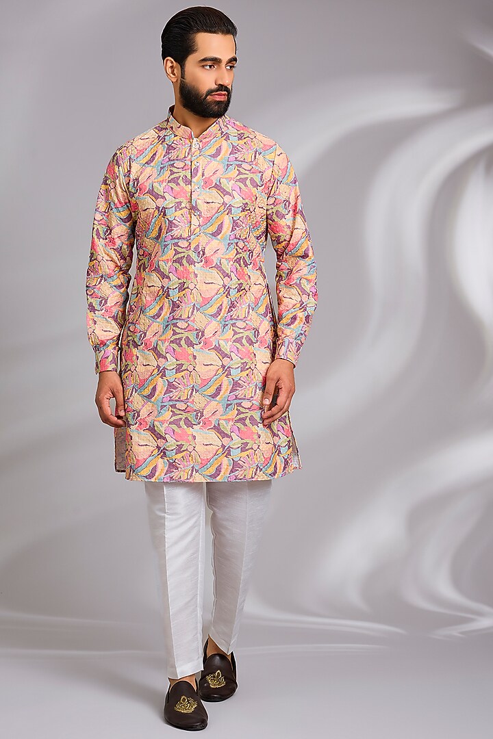 Peach Cotton Silk Abstract Printed Bundi Jacket Set by RNG Safawala Men at Pernia's Pop Up Shop