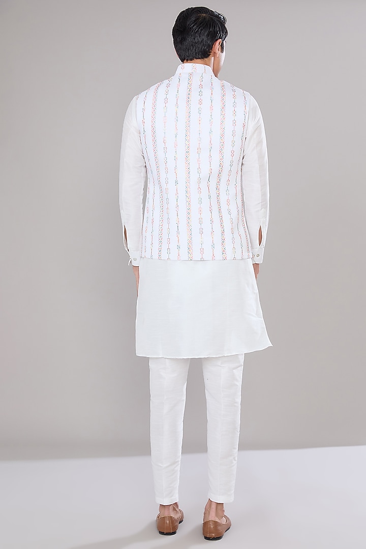 Off-White Raw Silk Thread Embroidered Nehru Jacket Set by RNG Safawala Men at Pernia's Pop Up Shop