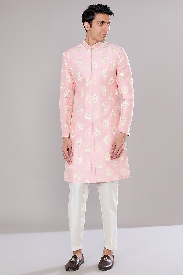 Pink Terry Silk Sequins Embroidered Sherwani Set by RNG Safawala Men