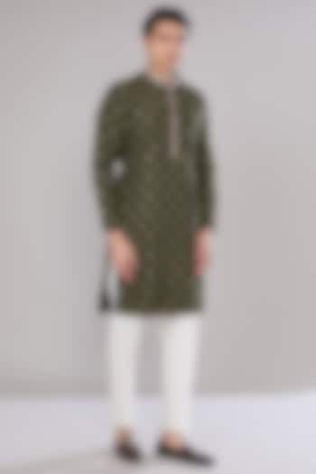 Olive Green Cotton Silk Resham & Thread Embroidered Kurta Set by RNG Safawala Men
