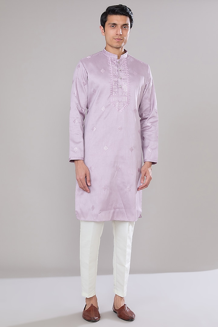 Lilac Cotton Silk Sequins Embroidered Kurta Set by RNG Safawala Men