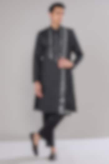 Black Cotton Silk Thread & Sequins Embroidered Kurta Set by RNG Safawala Men