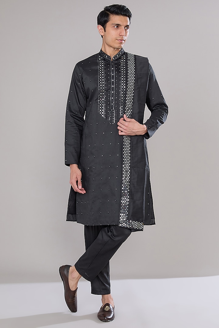 Black Cotton Silk Thread & Sequins Embroidered Kurta Set by RNG Safawala Men