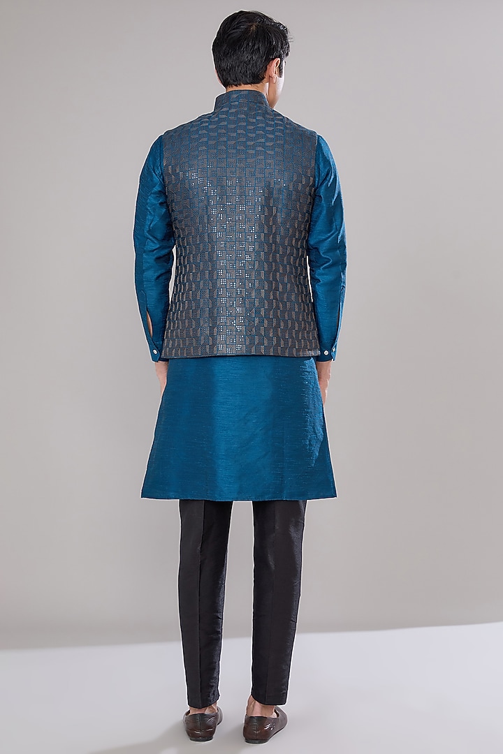 Royal Blue Raw Silk Thread Embroidered Nehru Jacket Set by RNG Safawala Men at Pernia's Pop Up Shop