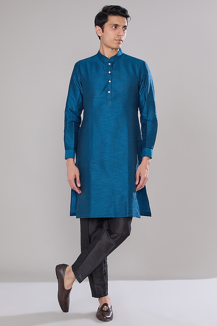 Royal Blue Raw Silk Thread Embroidered Nehru Jacket Set by RNG Safawala Men at Pernia's Pop Up Shop