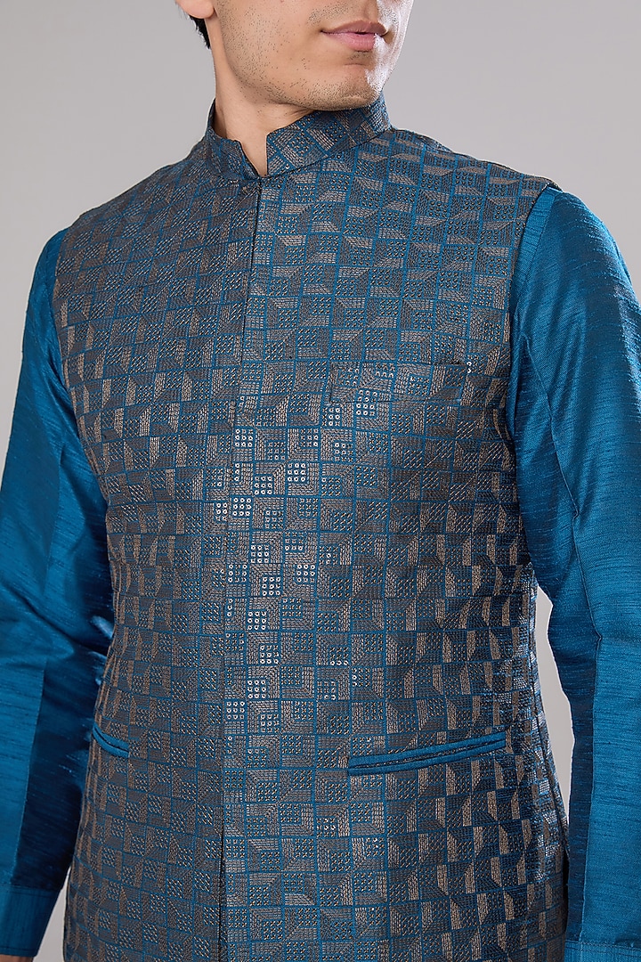 Royal Blue Raw Silk Thread Embroidered Nehru Jacket Set by RNG Safawala Men at Pernia's Pop Up Shop