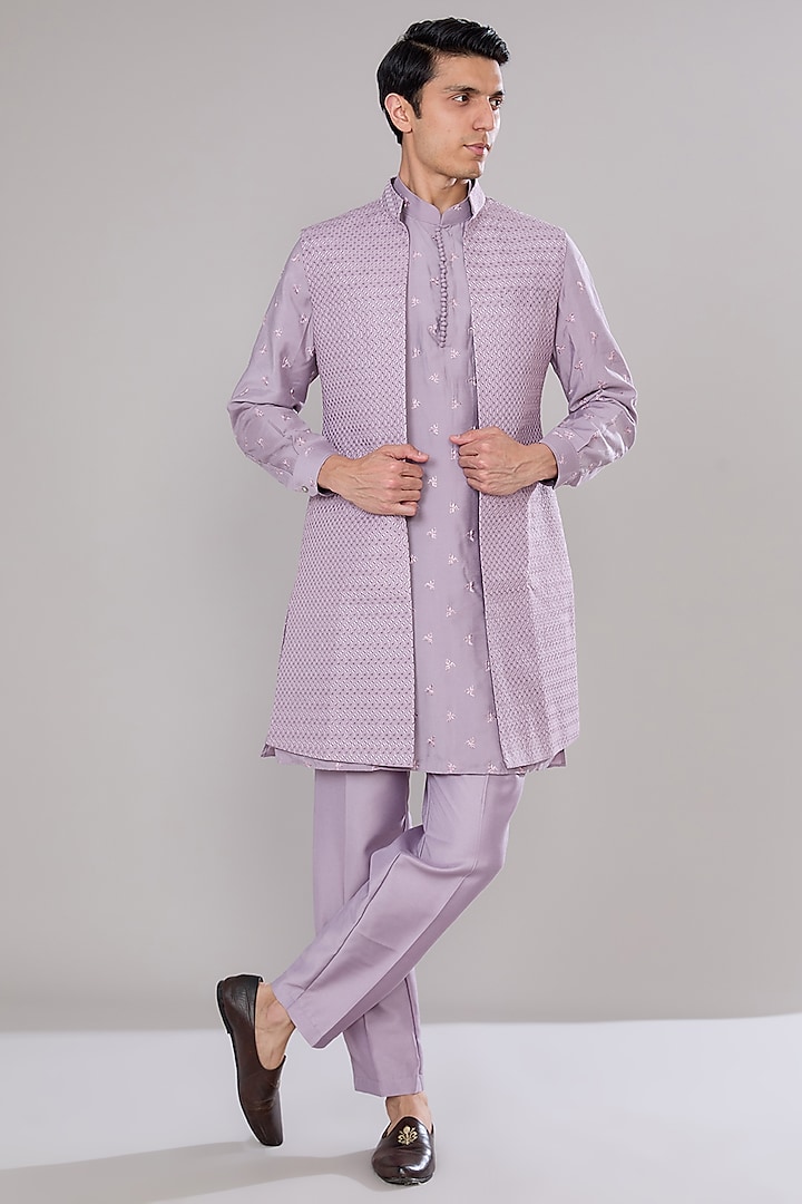 Lavender Terry Silk Thread & Sequins Embroidered Indo-Western Jacket Set by RNG Safawala Men