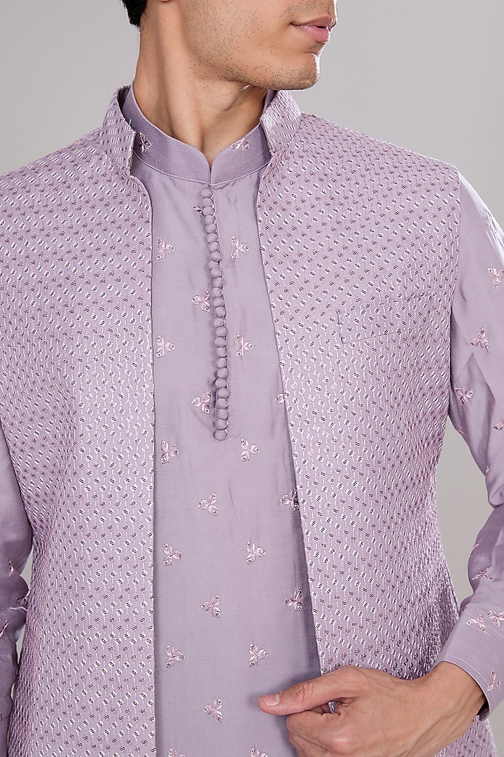 Lavender Terry Silk Thread & Sequins Embroidered Indo-Western Jacket Set by RNG Safawala Men at Pernia's Pop Up Shop