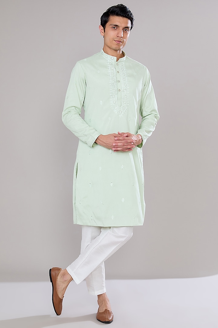 Mint Green Cotton Silk Thread & Sequins Embroidered Kurta Set by RNG Safawala Men