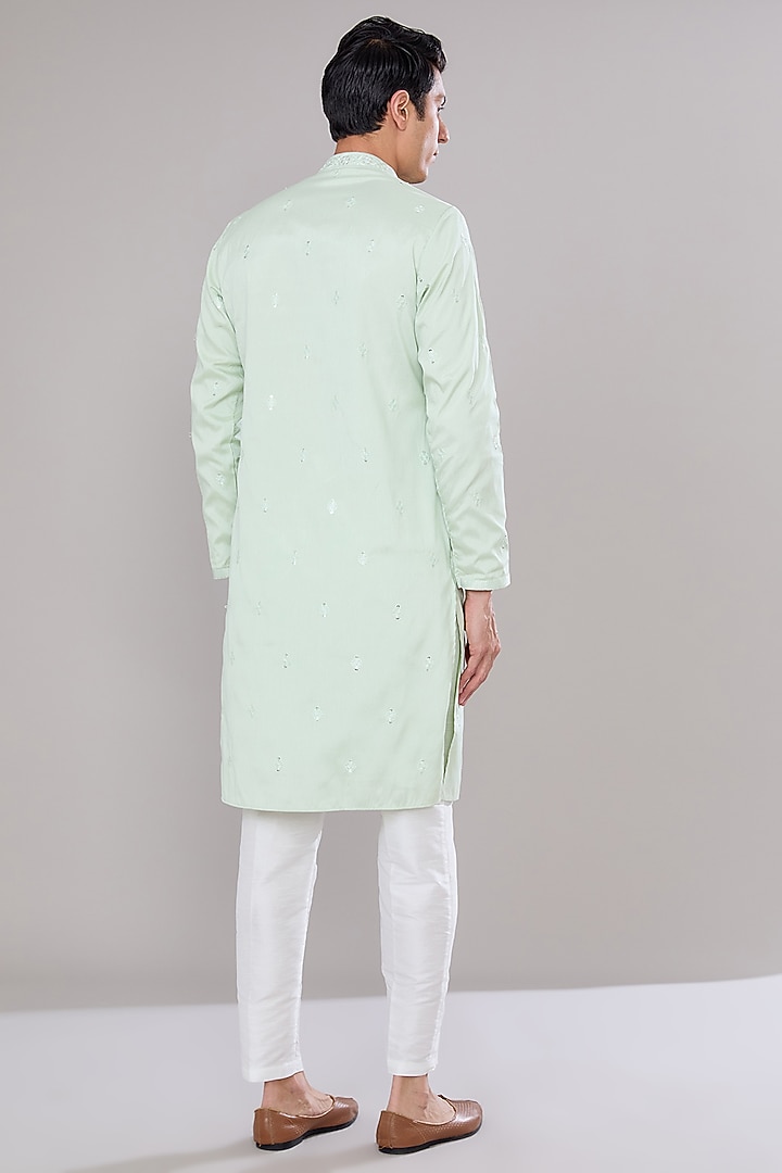 Mint Green Cotton Silk Thread & Sequins Embroidered Kurta Set by RNG Safawala Men at Pernia's Pop Up Shop
