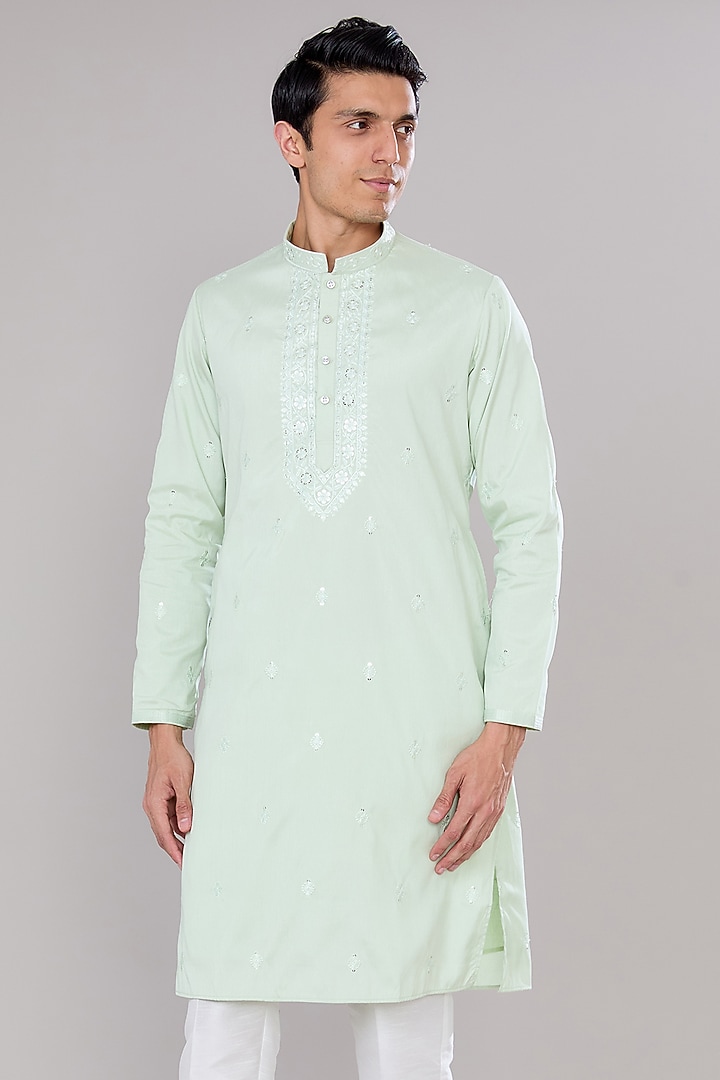 Mint Green Cotton Silk Thread & Sequins Embroidered Kurta Set by RNG Safawala Men at Pernia's Pop Up Shop
