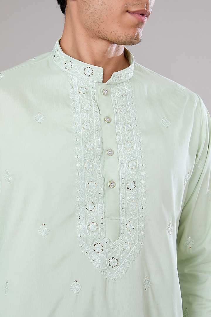 Mint Green Cotton Silk Thread & Sequins Embroidered Kurta Set by RNG Safawala Men at Pernia's Pop Up Shop