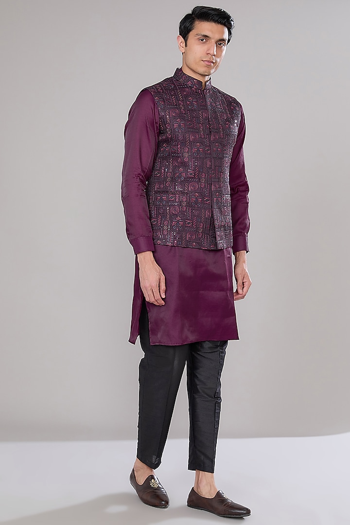 Wine Terry Silk Thread Embroidered Nehru Jacket Set by RNG Safawala Men