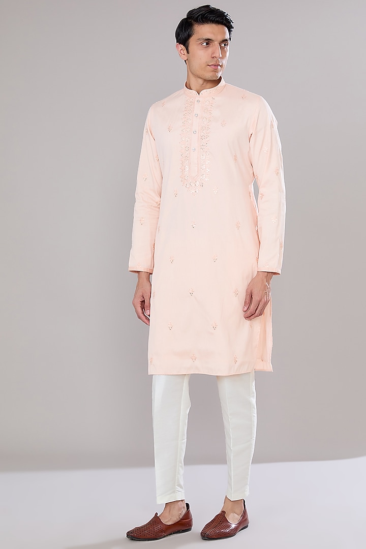 Peach Cotton Silk Thread Embroidered Kurta Set by RNG Safawala Men