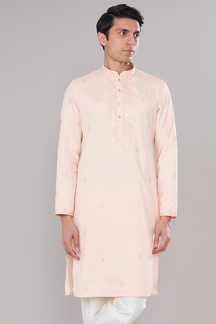 Peach Cotton Silk Thread Embroidered Kurta Set by RNG Safawala Men at Pernia's Pop Up Shop