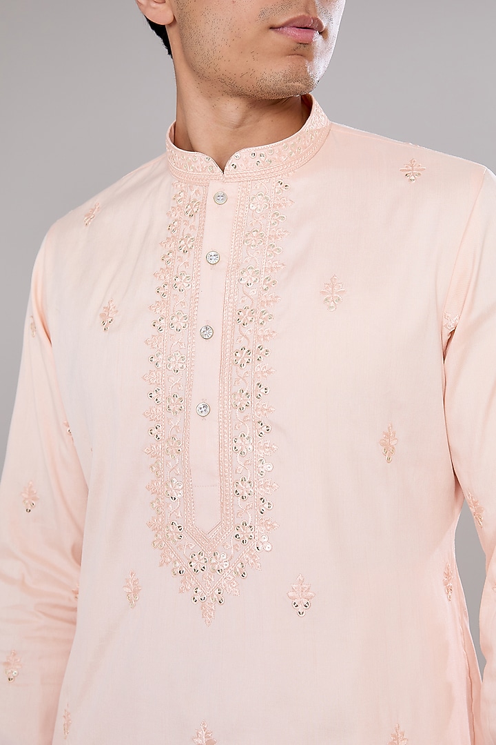 Peach Cotton Silk Thread Embroidered Kurta Set by RNG Safawala Men at Pernia's Pop Up Shop