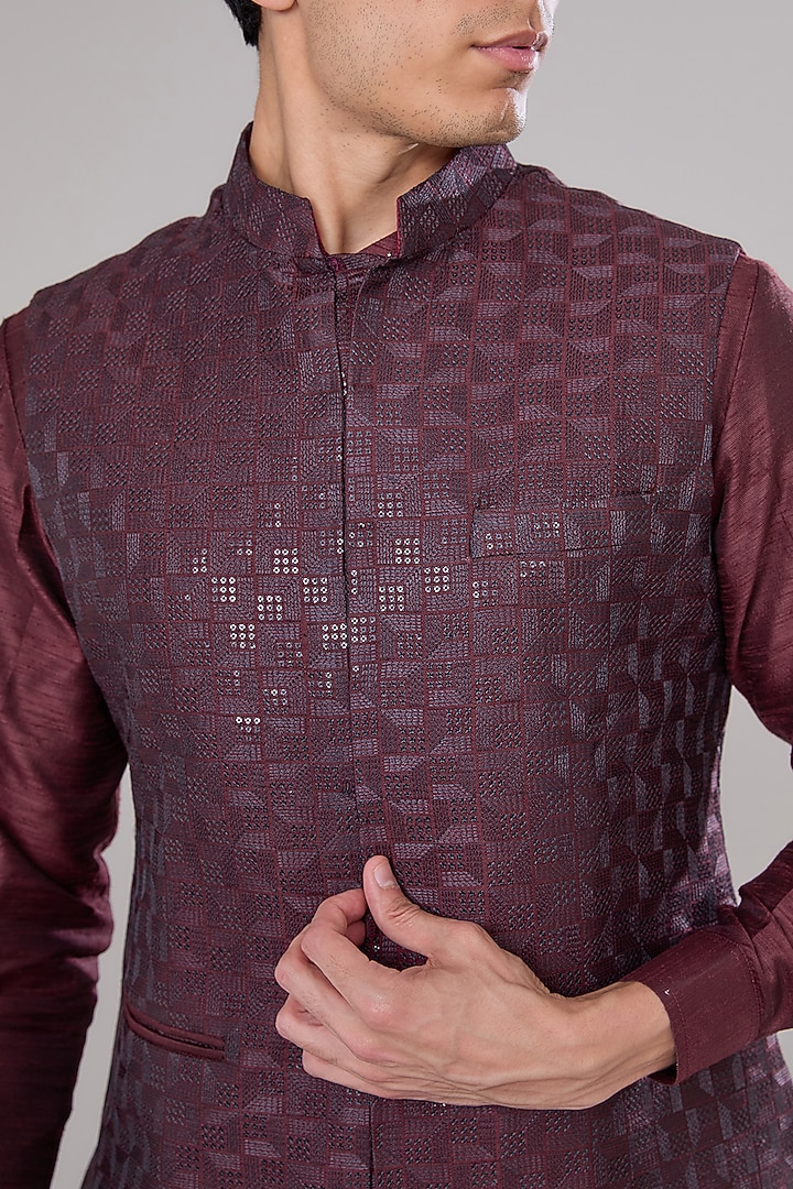 Maroon Raw Silk Sequins Embroidered Nehru Jacket Set by RNG Safawala Men at Pernia's Pop Up Shop