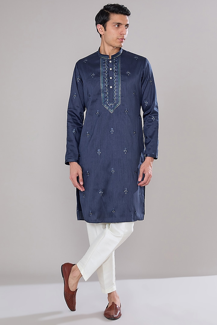 Royal Blue Cotton Silk Thread Embroidered Kurta Set by RNG Safawala Men