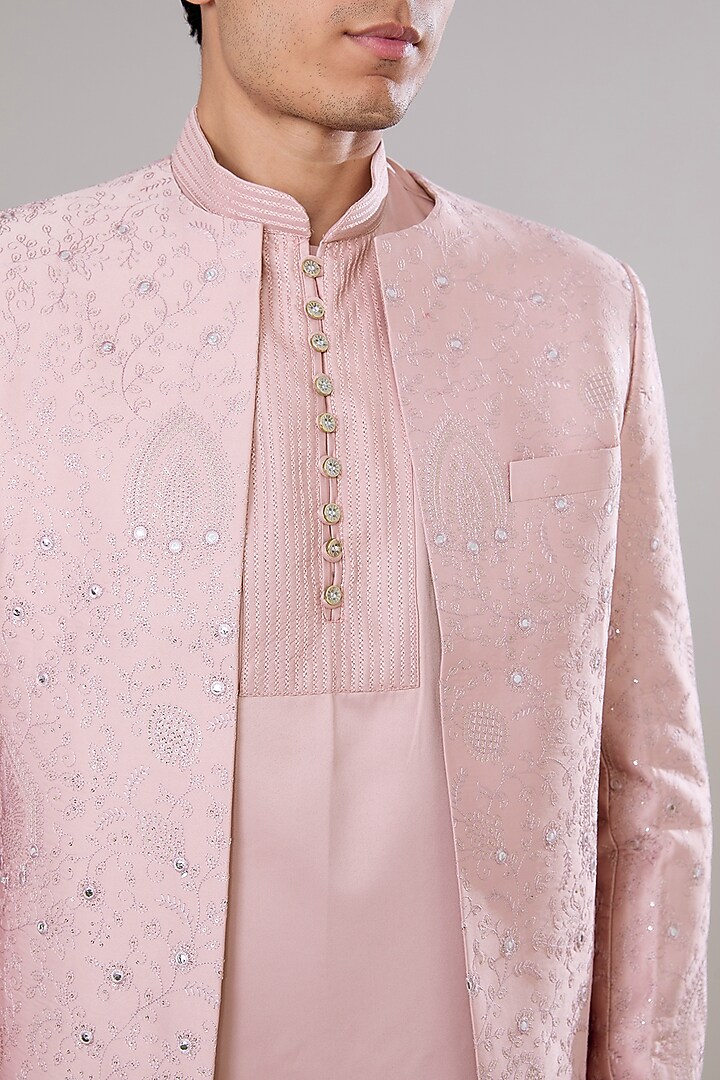 Old Rose Terry Silk Mirror Floral Embroidered Indo-Western Jacket Set by RNG Safawala Men at Pernia's Pop Up Shop